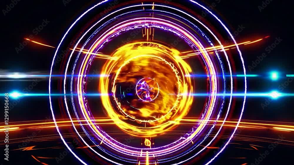 Poster abstract circular portal with glowing energy swirling inside, surrounded by colorful light trails an