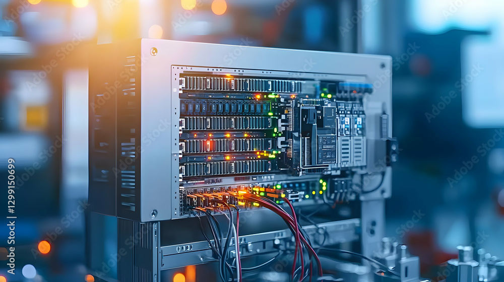 Poster detailed server rack displaying numerous illuminated components and wiring in a technical environmen