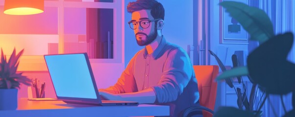 A focused Arab man with a neatly trimmed beard sits at a modern wooden desk, intently working on his sleek laptop. Natural light streams in from a nearby window, illuminating his workspace.