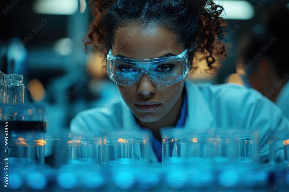 Poster focused scientist conducting experiments in a modern laboratory with glowing test tubes in the foreg