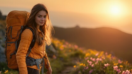 Woman Trekking Mountain Path Amidst Spring Blooms
