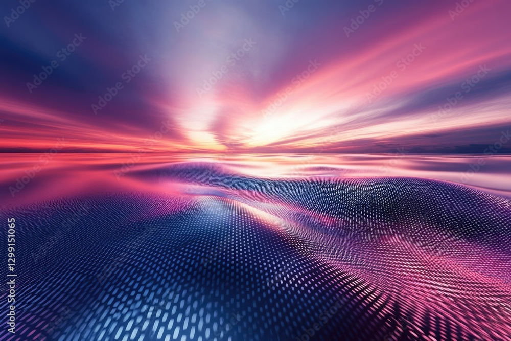 Poster abstract digital landscape depicting a vibrant sunset reflecting on a patterned surface.