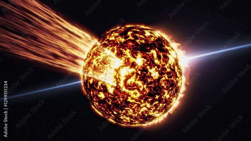 Poster powerful cosmic rays hitting and destroying a burning planet during a meteor shower, generating an i