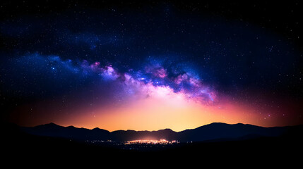 Fototapeta premium Panoramic View Of A Vibrant Night Sky With The Milky Way Galaxy Over A Distant City