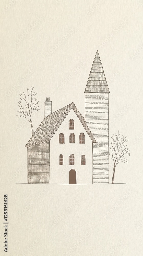 Poster sepia drawing of a stone church and house with trees and landscape elements showing simplicity and t