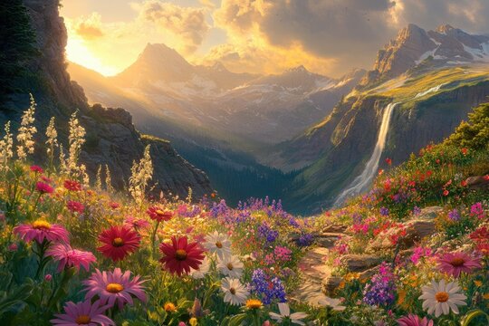 A breathtaking sunset illuminates a vibrant alpine meadow with cascading waterfall and majestic mountains.