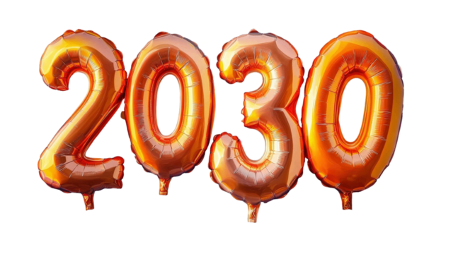 Bright golden balloons shaped as numbers celebrate the year 2030, perfect for festive gatherings, New Year's parties, or milestone events