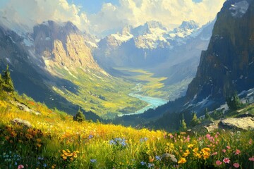 Serene mountain valley with a vibrant wildflower meadow, snow-capped peaks, and a winding river.