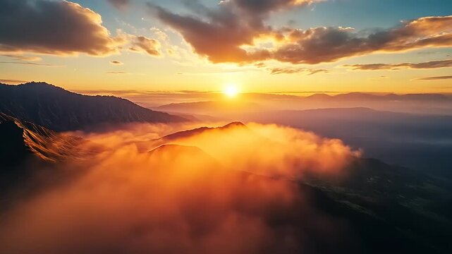 A breathtaking sunrise over mountains shrouded in mist, capturing nature's beauty.