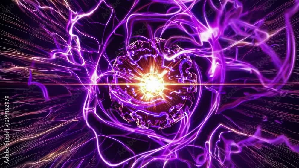 Poster purple energy waves flowing from a rotating sphere, featuring a bright yellow core, emit horizontal 
