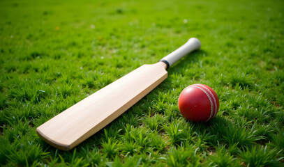 Cricket bat and ball on green grass