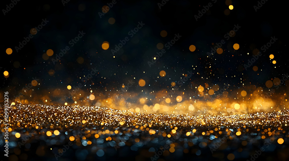 Poster golden glittering bokeh particles against dark background creating abstract festive atmosphere