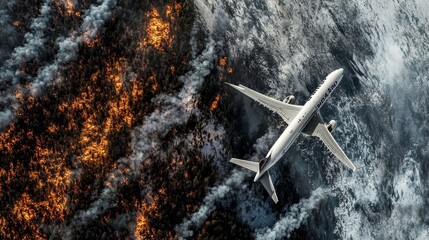 Aerial View of Airplane Over Smoldering Forest Fire: Aviation in Disaster Response and Environmental Impact