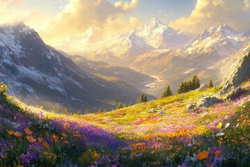 Vibrant wildflowers bloom across a mountain valley, bathed in the golden light of sunset, creating a breathtaking alpine scene.