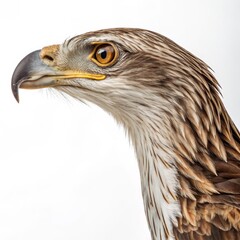 Obraz premium Profile Portrait of a Juvenile Martial Eagle Close-up, Detailed Feather Texture, Bird of Prey, White Background Martial Eagle, Bird Photography
