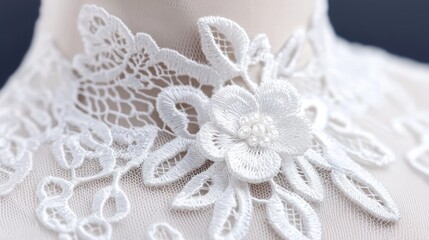 Obraz premium Elegant white lace collar detail, close-up shot, wedding dress, fashion