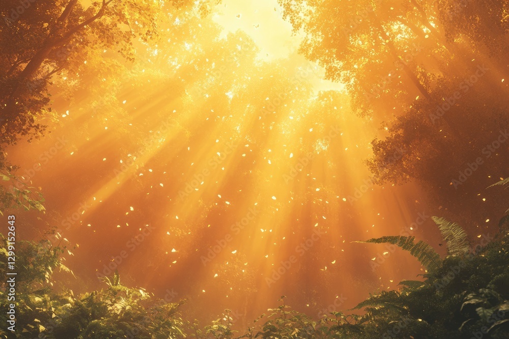Poster golden sunlight streams through a mystical forest, illuminating falling leaves and creating a magica
