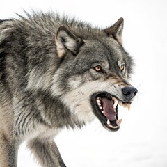 Fototapeta premium Grey Wolf Profile, Open Mouth, Aggressive, White Background, Close-up, Wildlife Photography, Canis Lupus