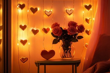 A romantic balcony with heart-shaped string lights, a small table, and a vase of roses, warm pink and gold,