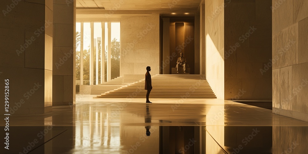 Poster a serene scene featuring a solitary figure in a modern architectural space. light streams in through