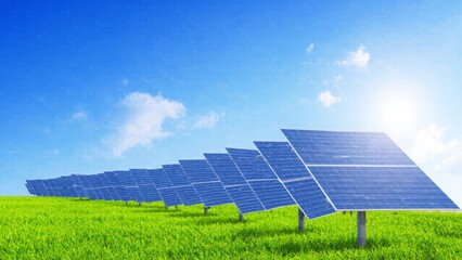 A row of solar panels stands in a lush green field under a clear blue sky, capturing sunlight to generate renewable energy. The bright sun and vibrant colors highlight the importance of sustainable