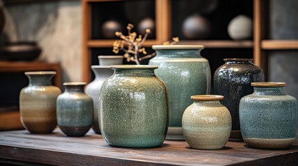 Assorted ceramic vases on wooden table in shop