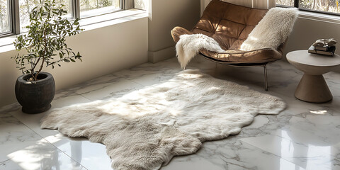 Cozy living room featuring a shaggy rug on a marble floor next to a stylish lounge chair and modern decor elements
