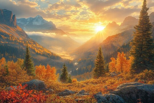 Majestic mountain valley ablaze with autumn colors at sunrise, a breathtaking scene.