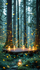 Obraz premium Forest firefly candle product display background podium, Forest Sanctuary, rustic wooden, towering ancient trees, hanging jar lanterns, Fireflies, magical glow to the mossy, fern-covered ground, ad