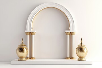 luxurious white and gold arch minimalist podium with ornate golden vases for high-end product display