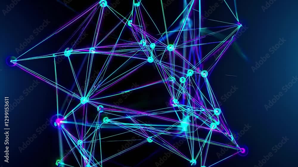 Poster glowing lines and vibrant dots intertwining to create a dynamic plexus on a dark background, illustr