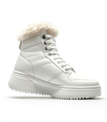 White high-top sneakers, ultra-detailed, with thick soles and fur on the top, isolated against a white background. 