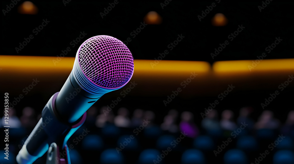 Poster close up view of a microphone on stage with blurred audience in the background