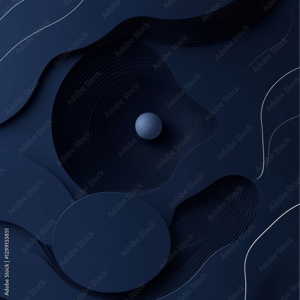 Poster abstract navy blue layers with sphere and lines: modern elegance and depth in 3d render