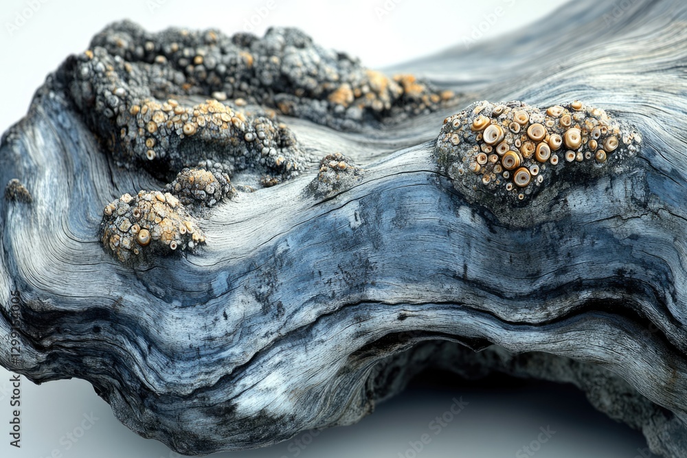 Poster weathered driftwood with barnacles attached, showing intricate grain and texture.