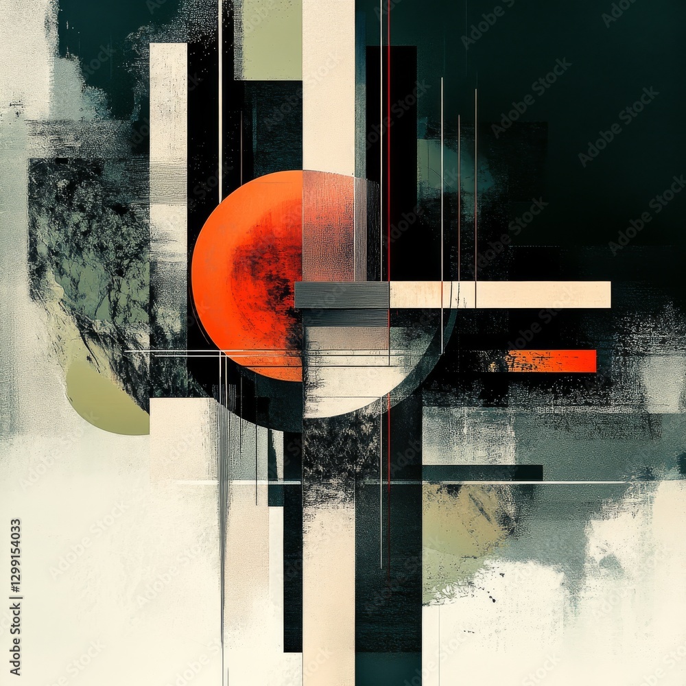 Poster geometric composition with orange sphere: a modern abstract art piece with textural elements