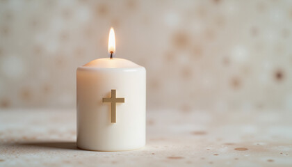 Easter candle with cross burning softly on clean backdrop for religious reflection and celebration