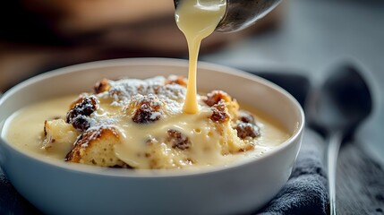 Custard being poured over raisin bread pudding with powdered sugar in a white bowl. Sweet dessert treat.