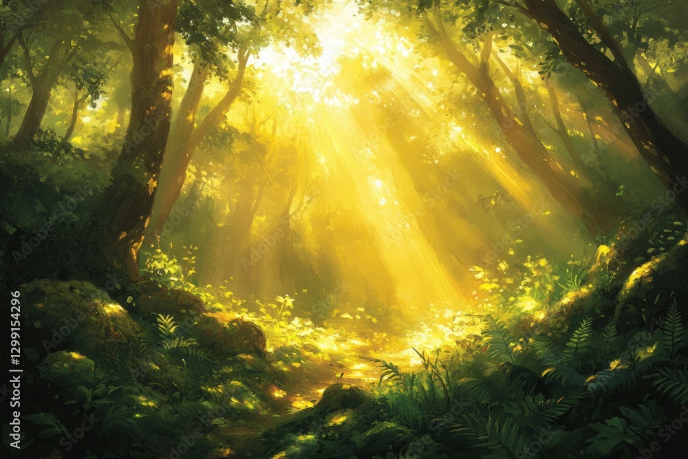 Poster sunbeams pierce a lush, green forest, illuminating a path through vibrant foliage and ancient trees.