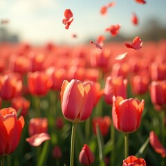 Fototapeta premium Lively tulip field featuring vibrant red blooms and gently falling petals under bright sunlight