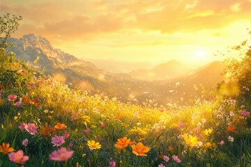 Obraz premium Vibrant wildflowers bloom in a mountain meadow at sunset, bathed in golden light.