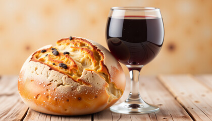 Rustic loaf of bread with chalice of red wine on wooden table, ideal for Maundy Thursday and Good Friday celebrations
