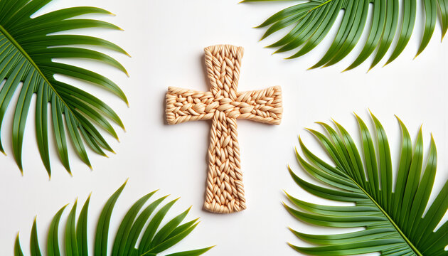 Cross made of palm leaves surrounded by greenery, symbolic representation for spiritual themes and Easter, ideal for blogs or educational content