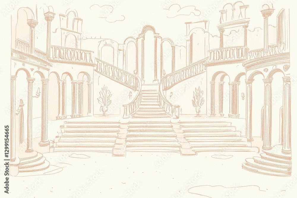 Poster sepia drawing of ancient building ruins with columns and stone structures with detailing for histori