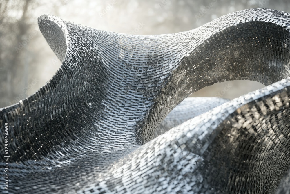 Fototapete abstract silver mosaic sculpture with flowing, wave-like forms creating a dynamic visual.