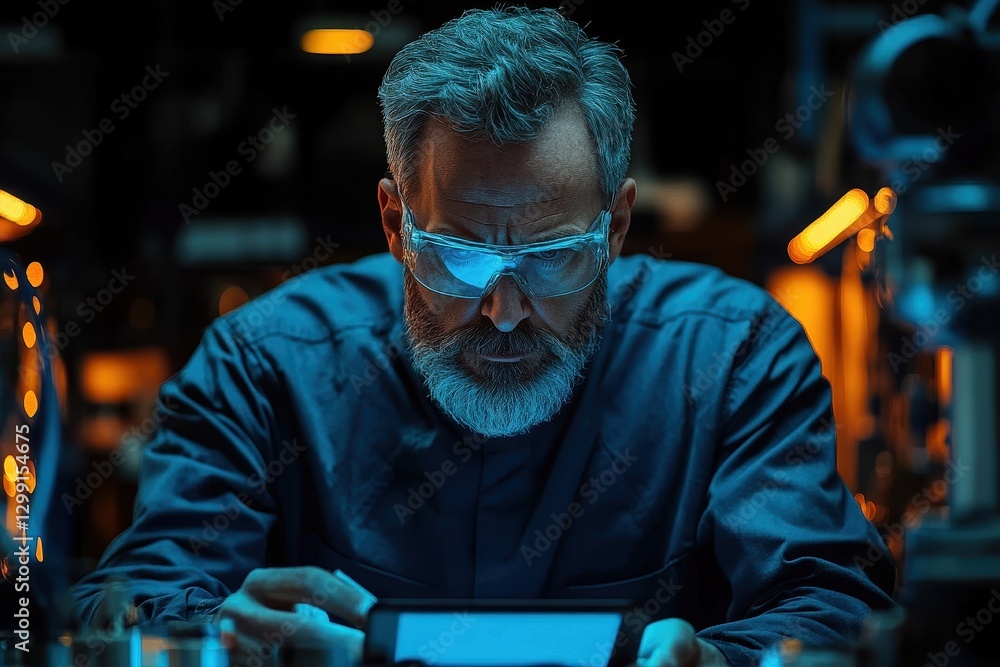 Poster scientist working intently with tablet in a dimly lit laboratory surrounded by advanced technology