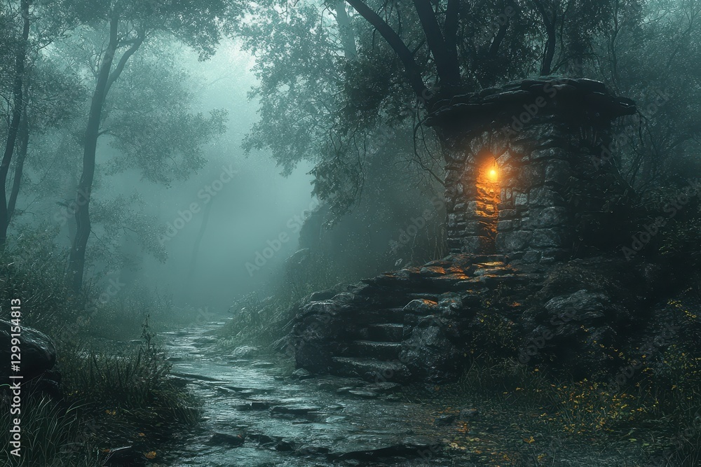 Aufkleber mysterious stone structure illuminated by a warm glow in a foggy woodland setting at twilight