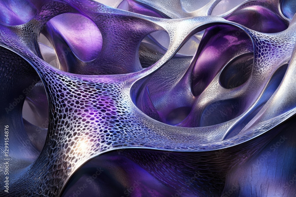 Fototapete Abstract 3D render of a biomorphic structure with metallic purple and silver textures, creating a captivating, intricate design.