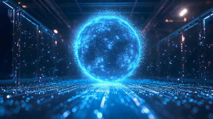 Obraz premium glowing blue sphere hovers in futuristic data center, surrounded by digital elements and illuminated by ambient lighting, symbolizing advanced technology and innovation