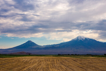 Ararat mountain and fields at the sunset